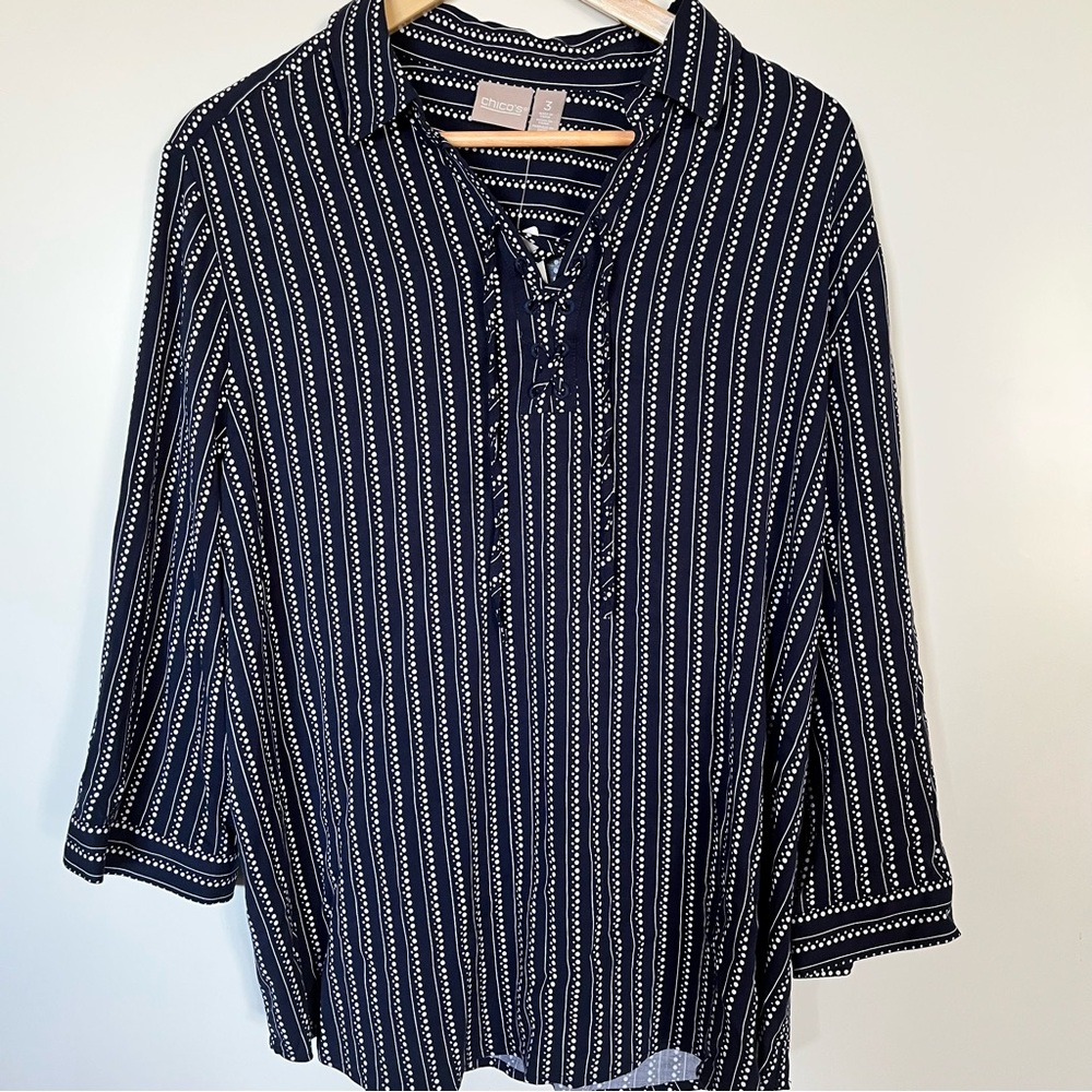 Chico’s Navy Blue & White Dot-Stripe Lace-Up Blouse Size 3 (XL) NWT